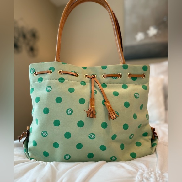 Dooney & Bourke Handbags - Dooney & Bourke Green Polka Dot Tote Bag with Tan Leather Handles And Tassels